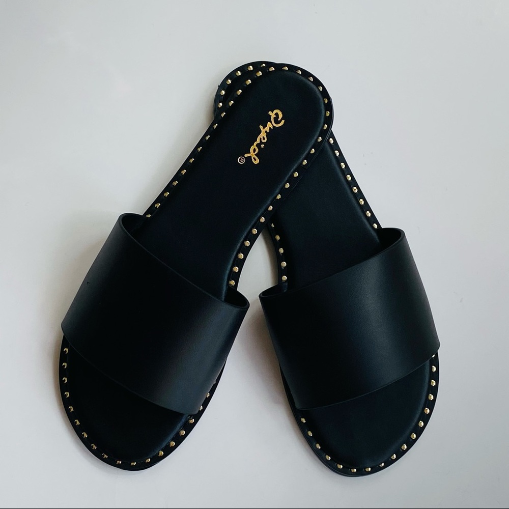 New // GOLD STUDDED SLIP ON SANDAL IN BLACK - Picture 3 of 5